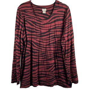 Chicos Women's Top Size Large Black Red Zebra Long Sleeve Rayon Stretch Pullover